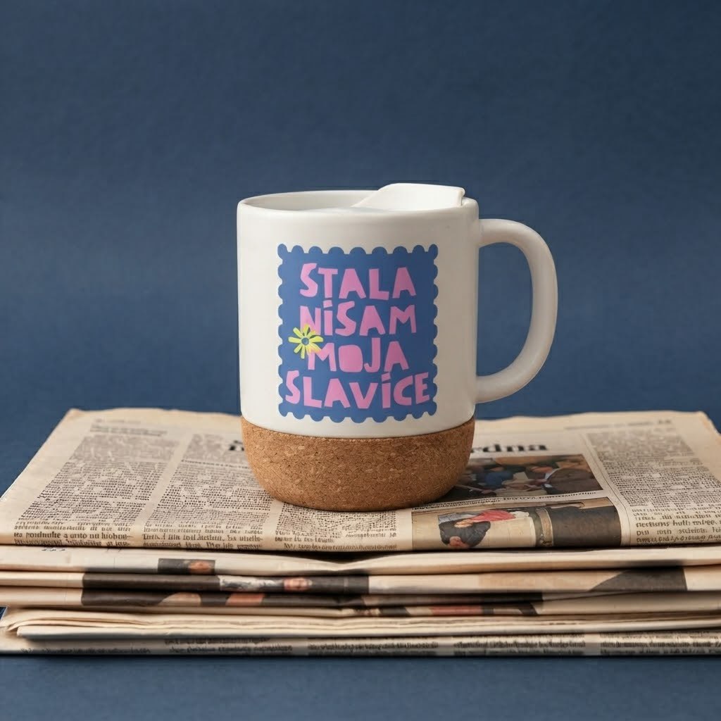 Bela šoljica sa poklopcem i plutanom osnovom, natpis Stala nisam moja Slavice u obliku poštanske marke